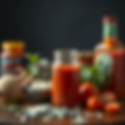 A vibrant display of traditional cocktail sauce ingredients including horseradish and ketchup.