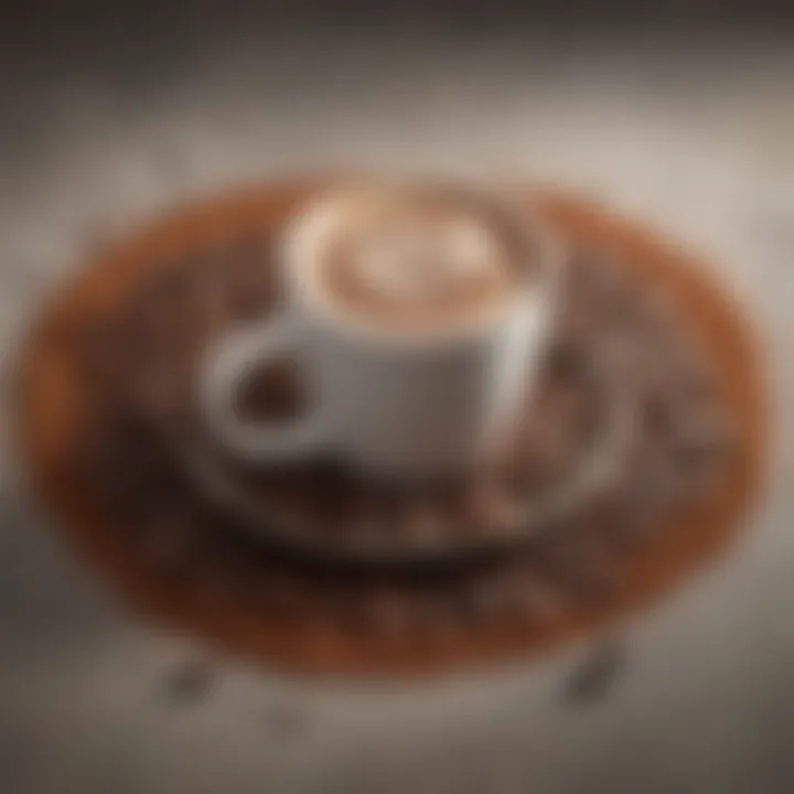 An artistic arrangement of coffee beans and cocoa powder beside a cold mocha