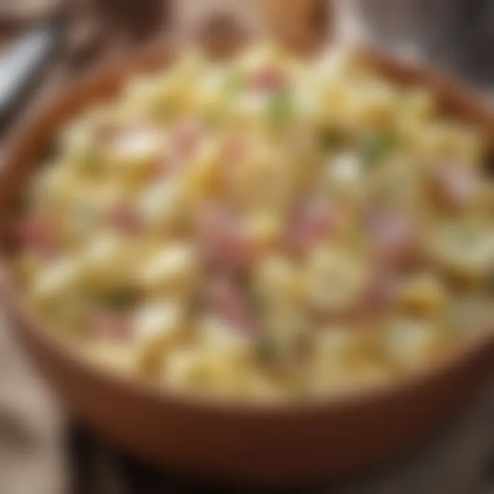 Creamy potato salad served elegantly alongside ham