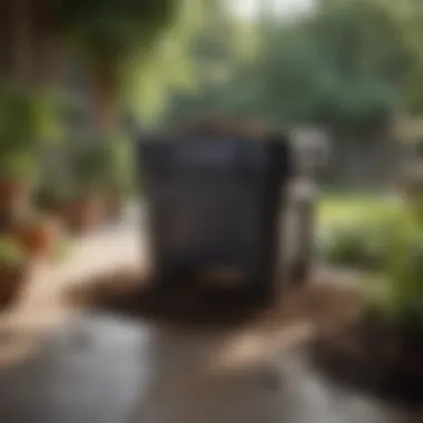 Plastic Compost Tumbler on Patio Durable plastic compost tumbler on a patio
