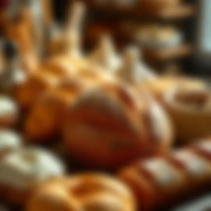 A beautifully arranged display of various baked goods like bread and pastries