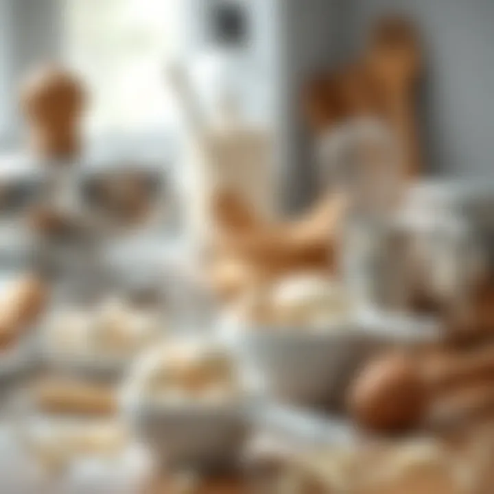 A collection of baking tools and equipment such as a whisk and measuring cups