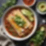 A beautifully plated enchilada dish garnished with fresh cilantro and avocado slices.