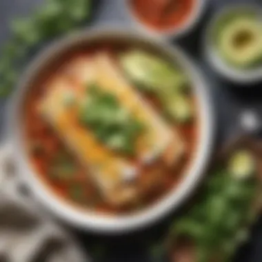 A beautifully plated enchilada dish garnished with fresh cilantro and avocado slices.