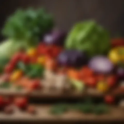 A vibrant assortment of fresh vegetables and herbs arranged artistically on a wooden table