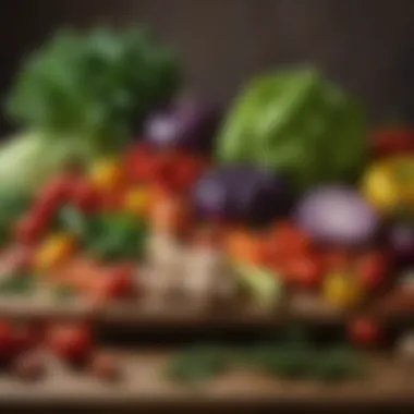 Colorful Selection of Vegetables A vibrant assortment of fresh vegetables and herbs arranged artistically on a wooden table