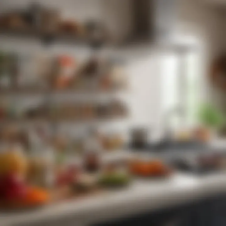 A serene kitchen space with neatly arranged spices and cookbooks on a countertop