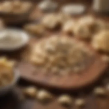 Essential Ingredients for Cookie Dough An array of essential ingredients for cookie dough, including flour, sugar, and butter, artfully arranged on a wooden surface.