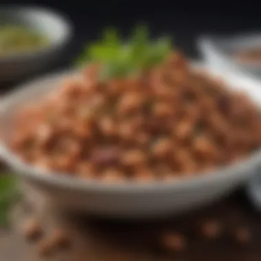 Gourmet Presentation of BBQ Beans An artful presentation of BBQ beans garnished with herbs and spices, ready to be served.