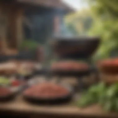 A rustic BBQ setup featuring beans simmering on a grill, surrounded by traditional cooking elements.