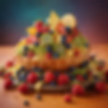 Vibrant Fruit Arrangement on Dessert Base An artistic arrangement of fresh fruits on a colorful dessert base.