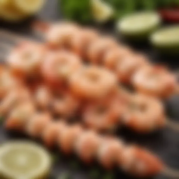 A close-up of succulent shrimp on skewers ready for the grill