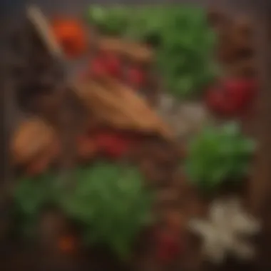 A close-up of vibrant herbs and spices arranged elegantly on a wooden surface.