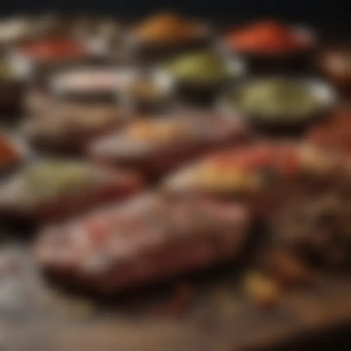 An array of spices and marinades ready for seasoning steak.