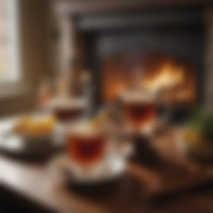 A cozy setting with a hot toddy beside a fireplace, emphasizing warmth and relaxation