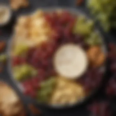 Overhead View of Cheese and Grapes Platter An overhead view of a vibrant cheese platter with grapes and crackers arranged artistically
