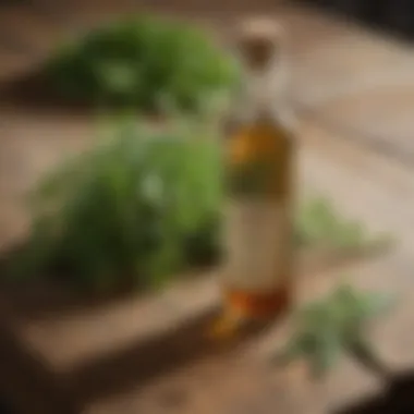 Bottle of vinegar with fresh herbs next to it on a wooden surface