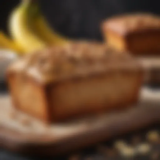 A close-up view of a moist banana bread loaf with a golden crust