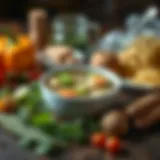 Fresh ingredients for chicken noodle soup including vegetables and spices