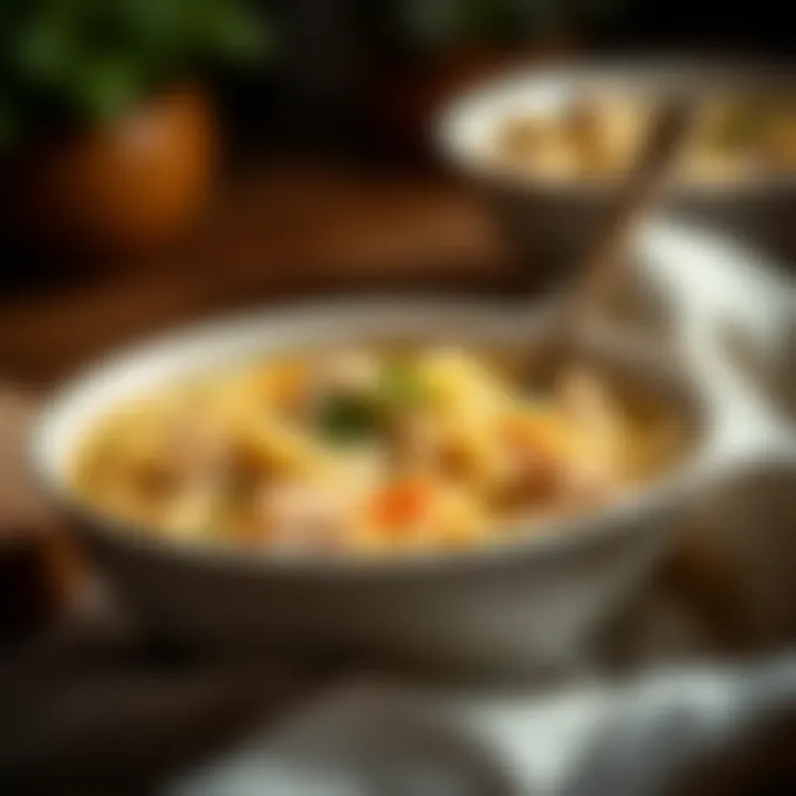 Delicious bowl of homemade chicken noodle soup garnished with herbs