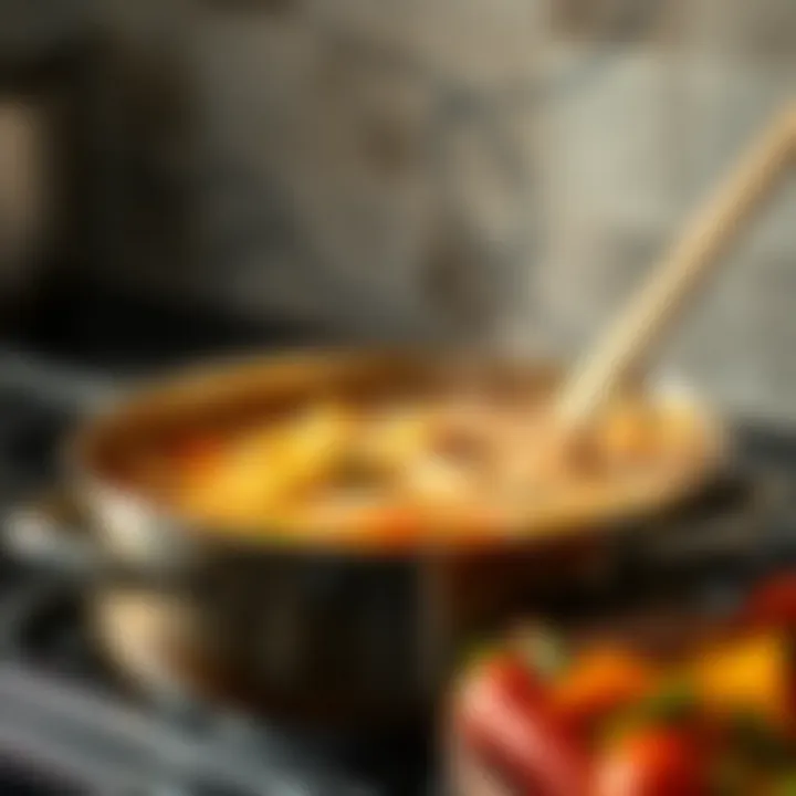 A bubbling pot of chicken noodle soup on the stove