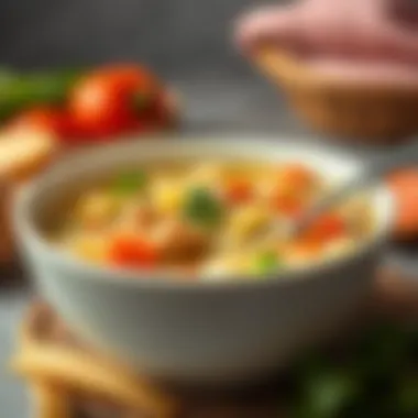 Variations of chicken noodle soup with different ingredients displayed