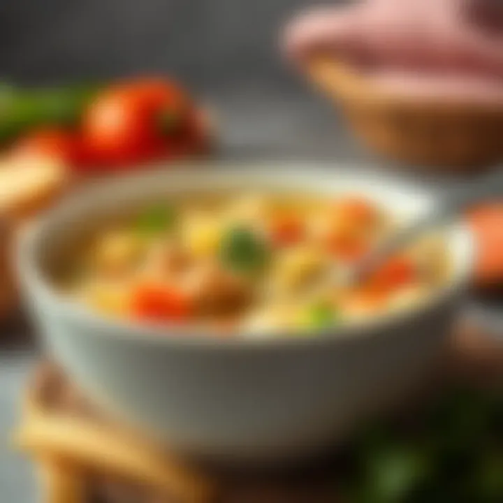 Variations of chicken noodle soup with different ingredients displayed