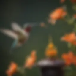 Vibrant hummingbird hovering near a feeder filled with nectar