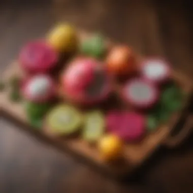 Colorful Ingredients for Flavor A variety of fresh fruits and herbs arranged on a wooden board, ready for drink enhancement