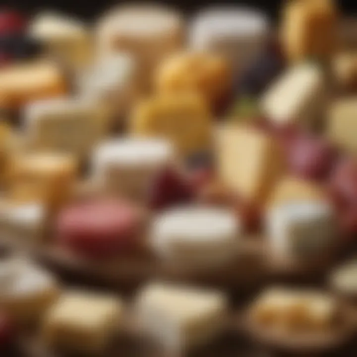 A close-up of a variety of cheeses highlighting textures and colors.