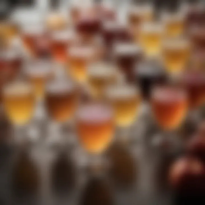 A visually appealing array of different hard ciders in glasses, showcasing color and clarity.