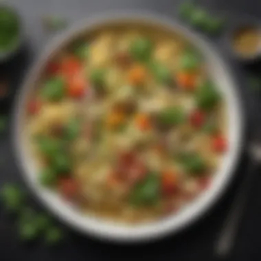 Artful Presentation of Salad Artfully arranged pasta salad garnished with fresh herbs