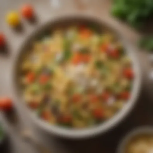 A vibrant bowl of pasta salad with assorted vegetables and herbs