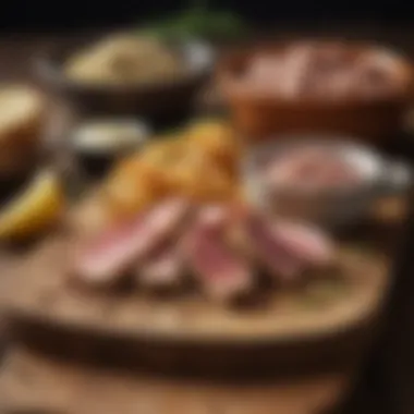 A sophisticated presentation of tuna spread on a rustic wooden table