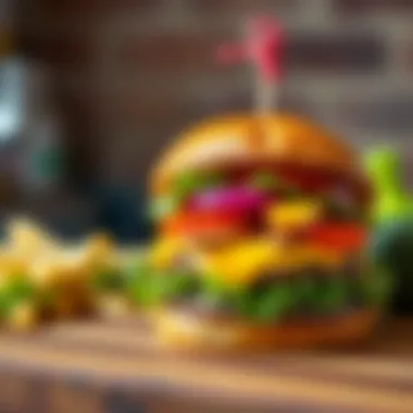 A gourmet burger topped with a variety of creative toppings