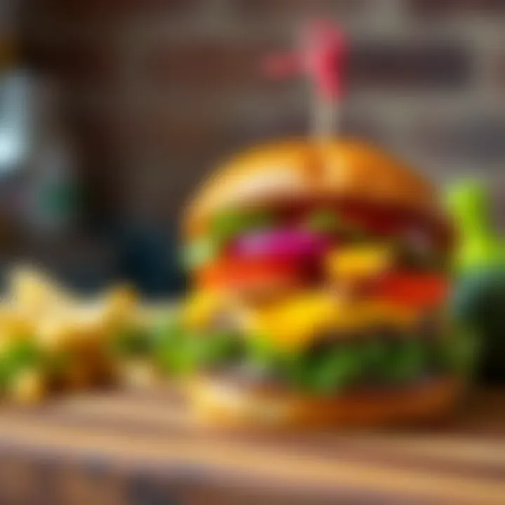 A gourmet burger topped with a variety of creative toppings