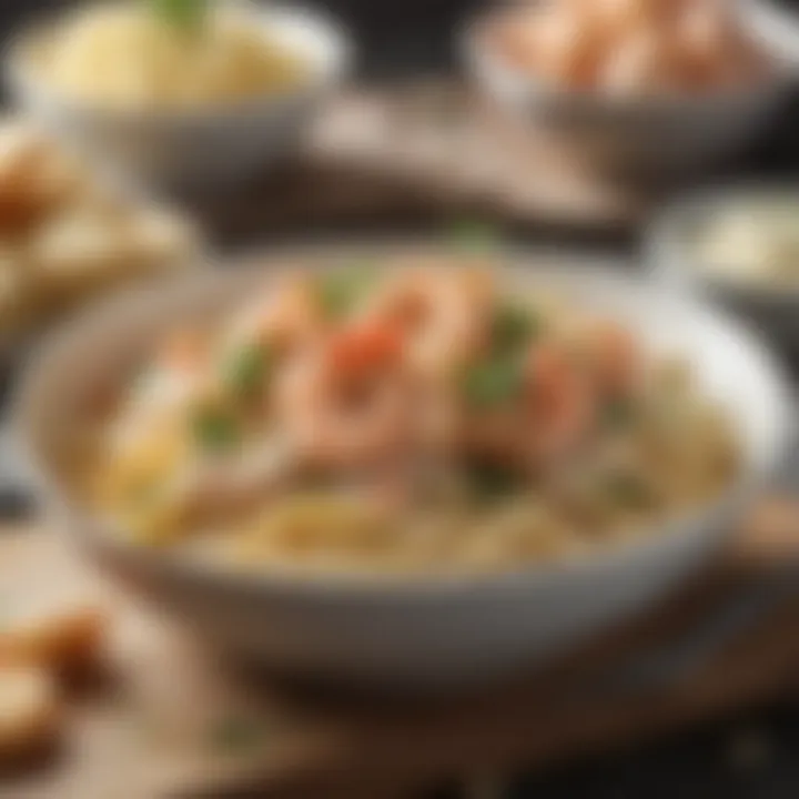 A bowl of shrimp Alfredo pasta with fresh ingredients