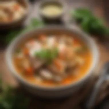 Comforting Chicken Soup Hearty rotisserie chicken soup garnished with fresh herbs