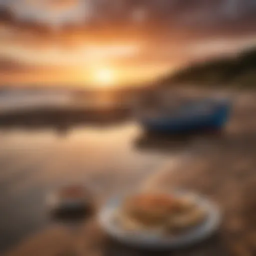A scenic view of the Norfolk coastline featuring fishing boats and a vibrant sunset.