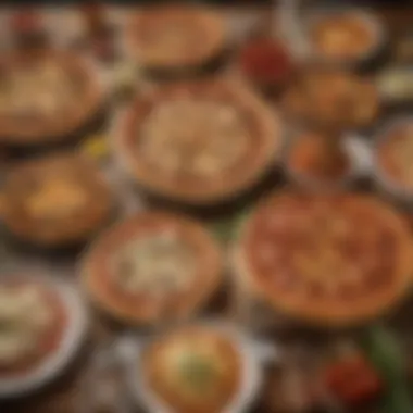 Variety of pizza and lasagna dishes on a table