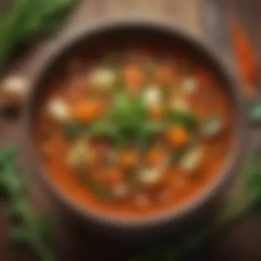 A vibrant bowl of vegetable soup with fresh herbs