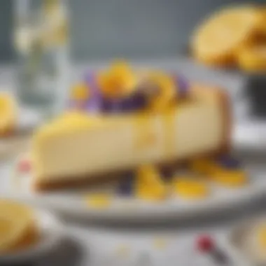 A beautifully decorated limoncello cheesecake topped with a lemon glaze and edible flowers