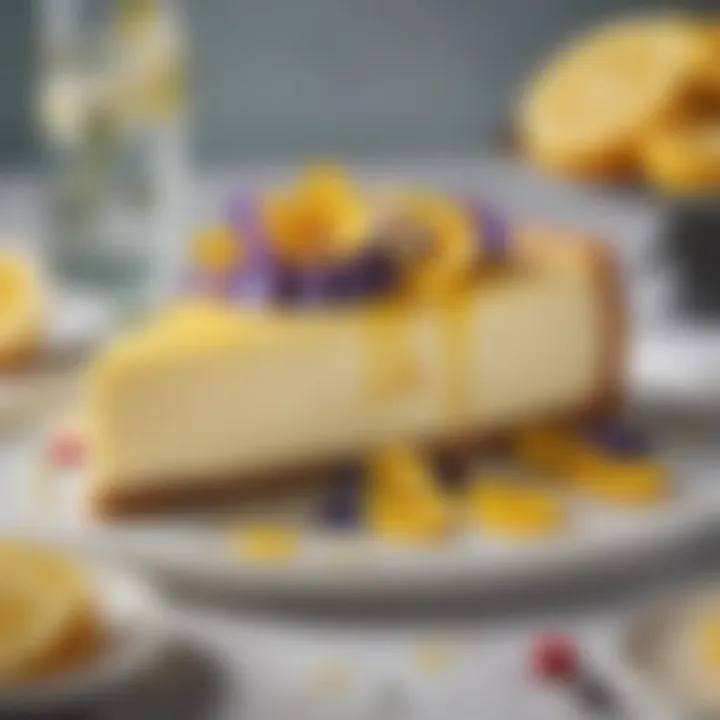 A beautifully decorated limoncello cheesecake topped with a lemon glaze and edible flowers