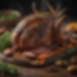 A beautifully roasted deer with herbs and spices