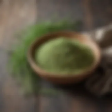 Dill powder in a rustic bowl alongside fresh dill sprigs