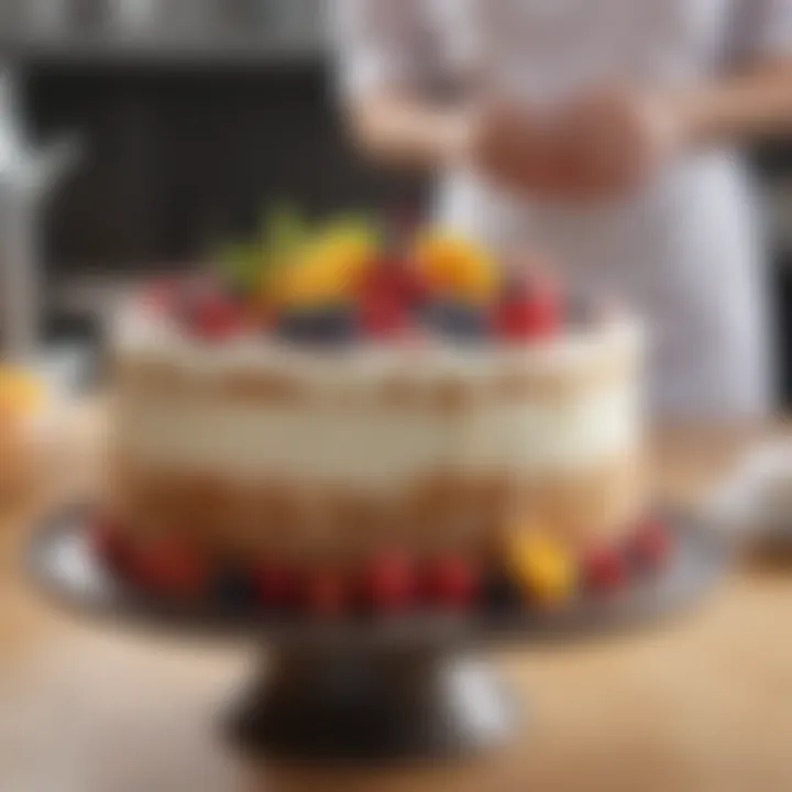 Close-up of a beautifully decorated cake on a disposable stand