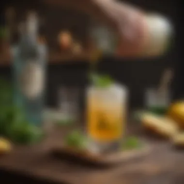 An artistic presentation of mezcal cocktails garnished with fresh herbs and citrus