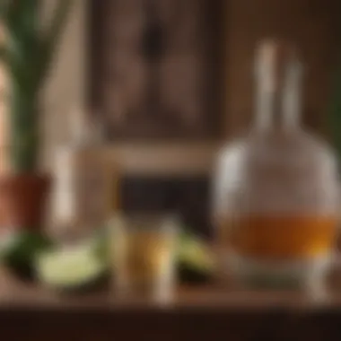 A close-up of a tequila glass beside a mezcal jar with traditional Mexican decor in the background