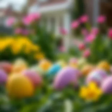 Colorful Easter eggs hidden in a garden for an egg hunt