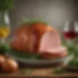 A beautifully glazed Easter ham garnished with herbs